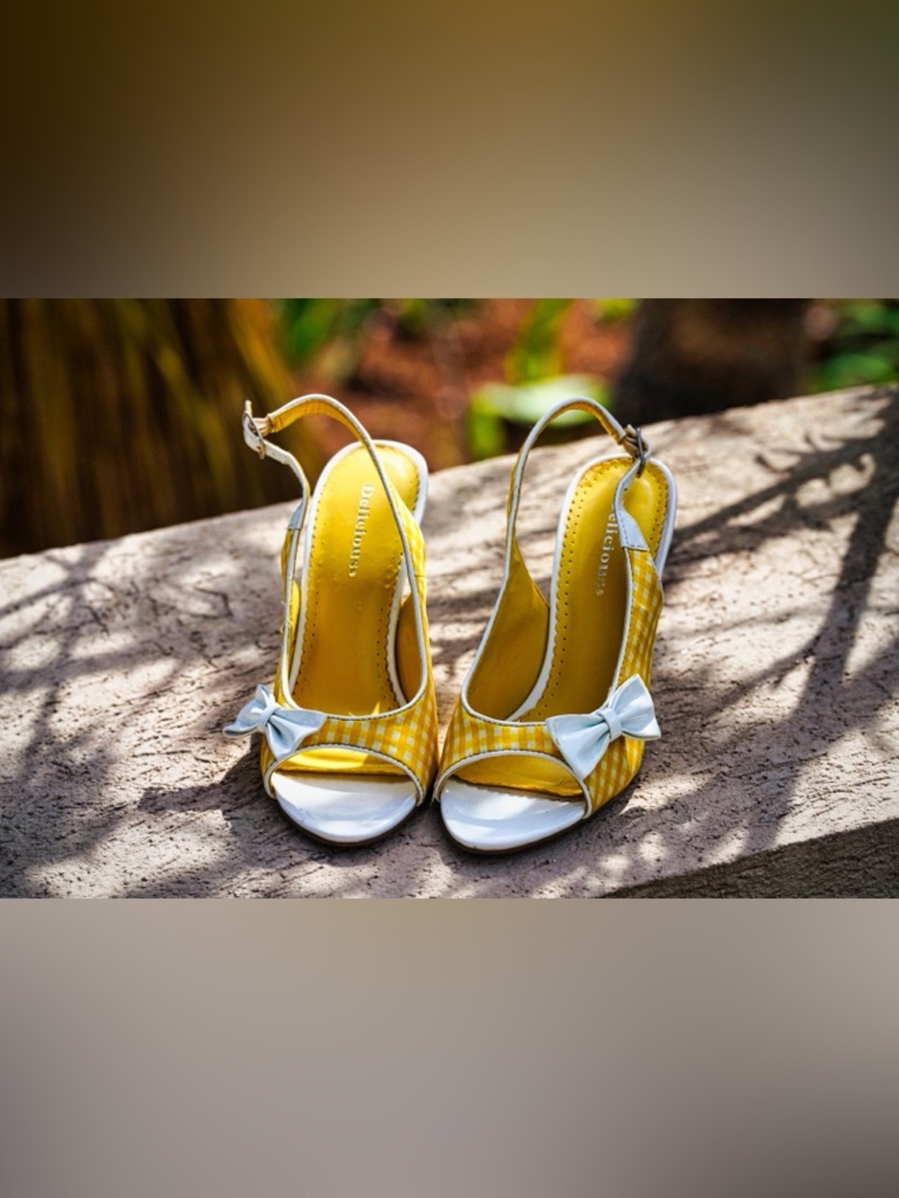 Delicious Yellow & White Gingham Peep Toe Slingback Heels - Picture 15 of 15